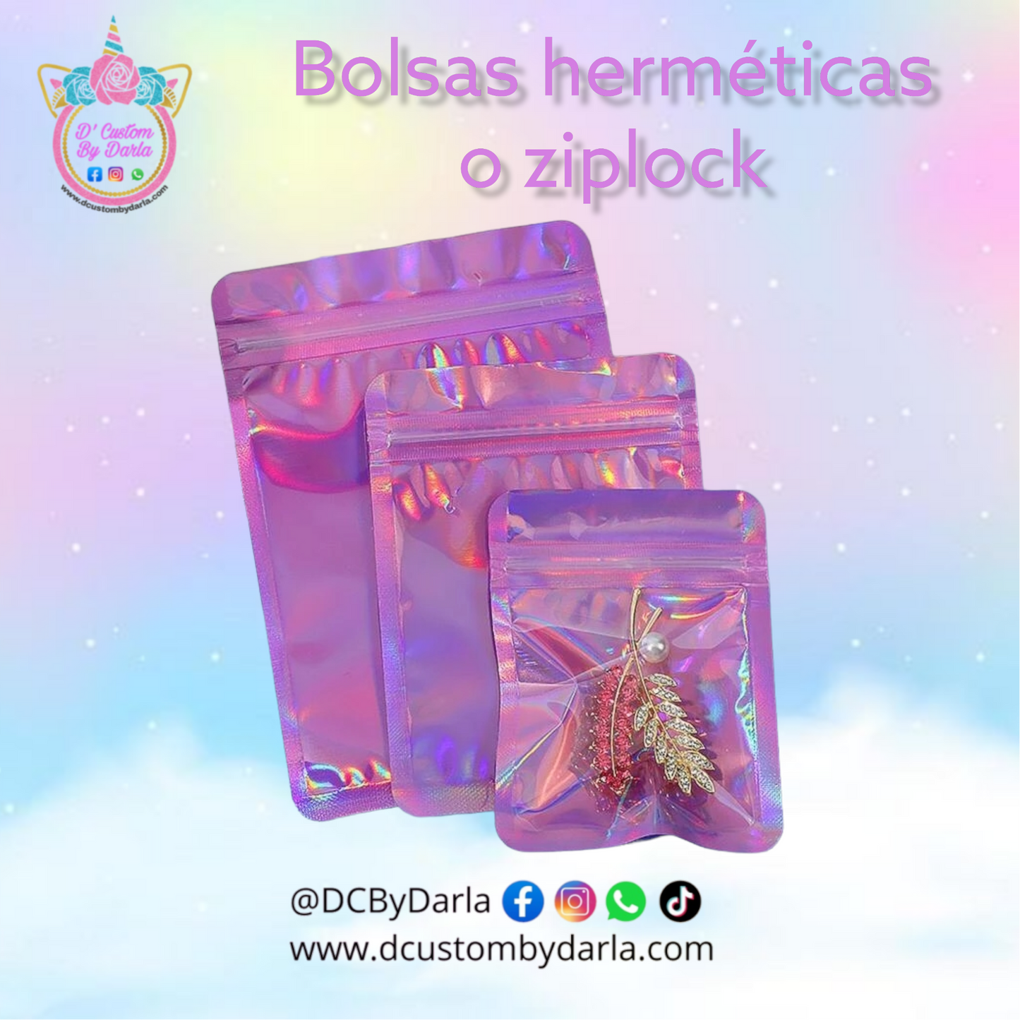 Holo Pink ziplock bags en 3 tamaños