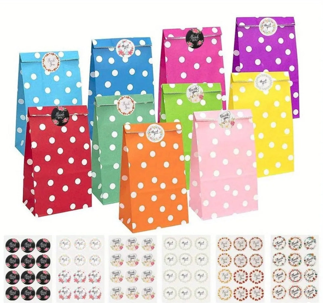 Rainbow dots paper bags set 5x10in (paq. de 10 bolsas + 10 stickers)