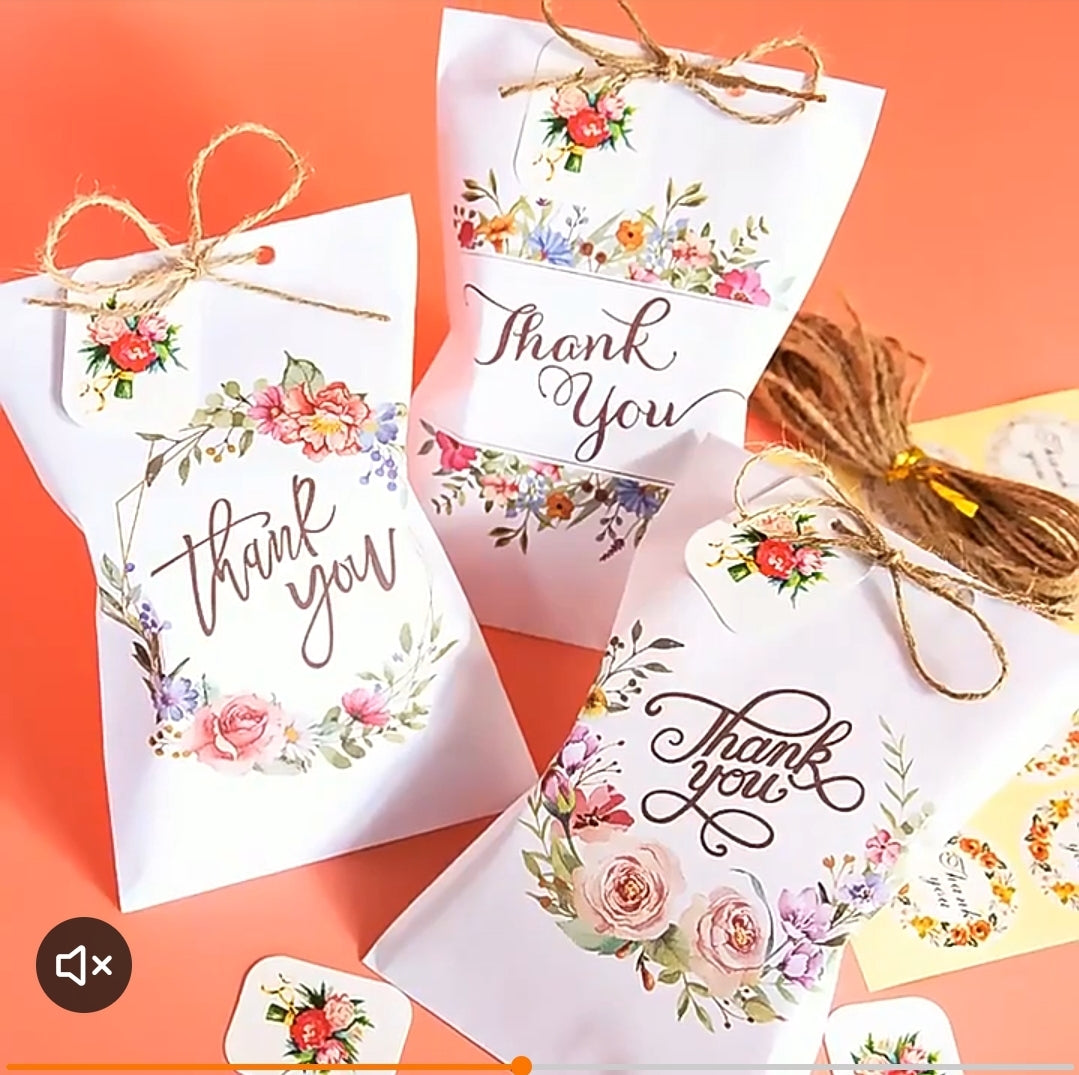 Thank you floral mix paper bags 4x6in + stickers + liston de amarar + tag