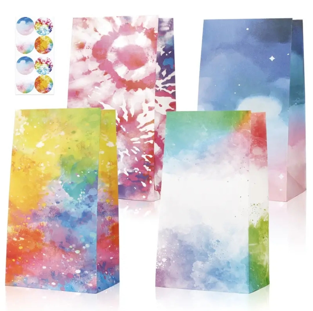 Tie dye paper bags set 8.7x4.8x3.1in (paq. de 6 bolsas + 6 stickers)