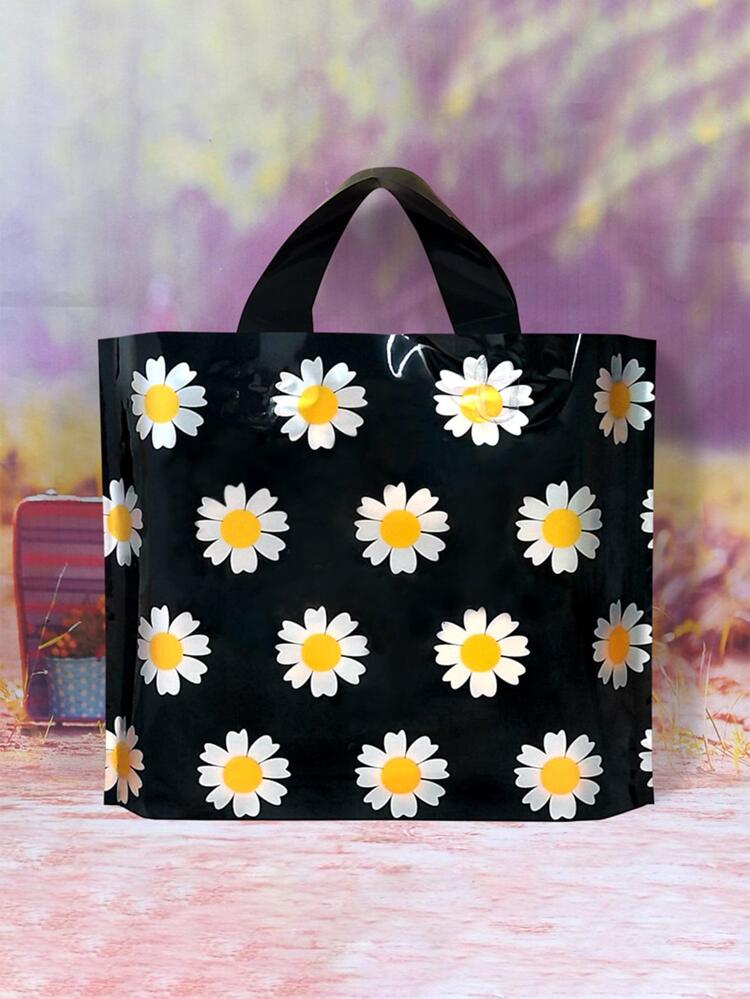 Black and silver daisy shopping bag 9x12in