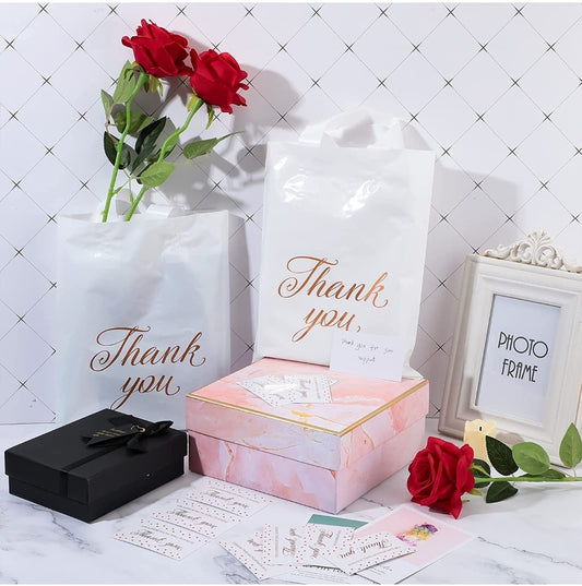 Thank you white 9x12in shopping bag with thank you cards